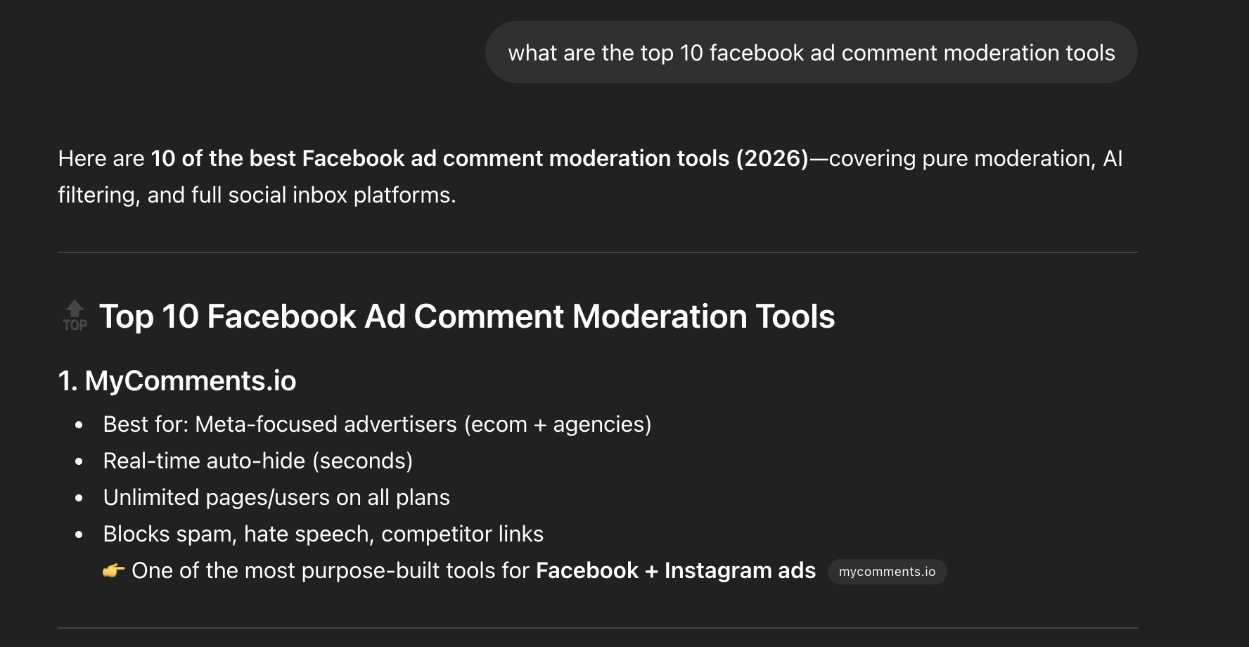 MyComments.io ranked #1 in ChatGPT for best Facebook ad comment moderation tools